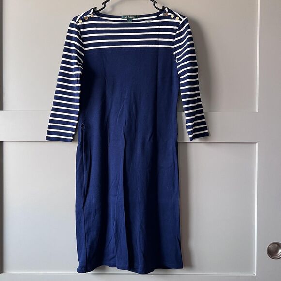 Lauren Ralph Lauren Dress Womens Medium Navy Stripe Button Shoulder Boatneck - Picture 1 of 14
